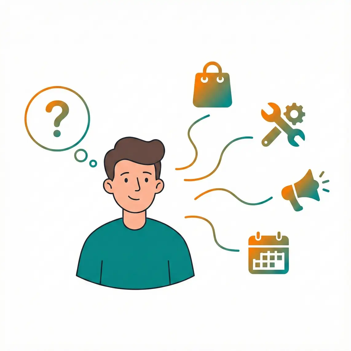 A person surrounded by icons representing different needs like food, services, and products.